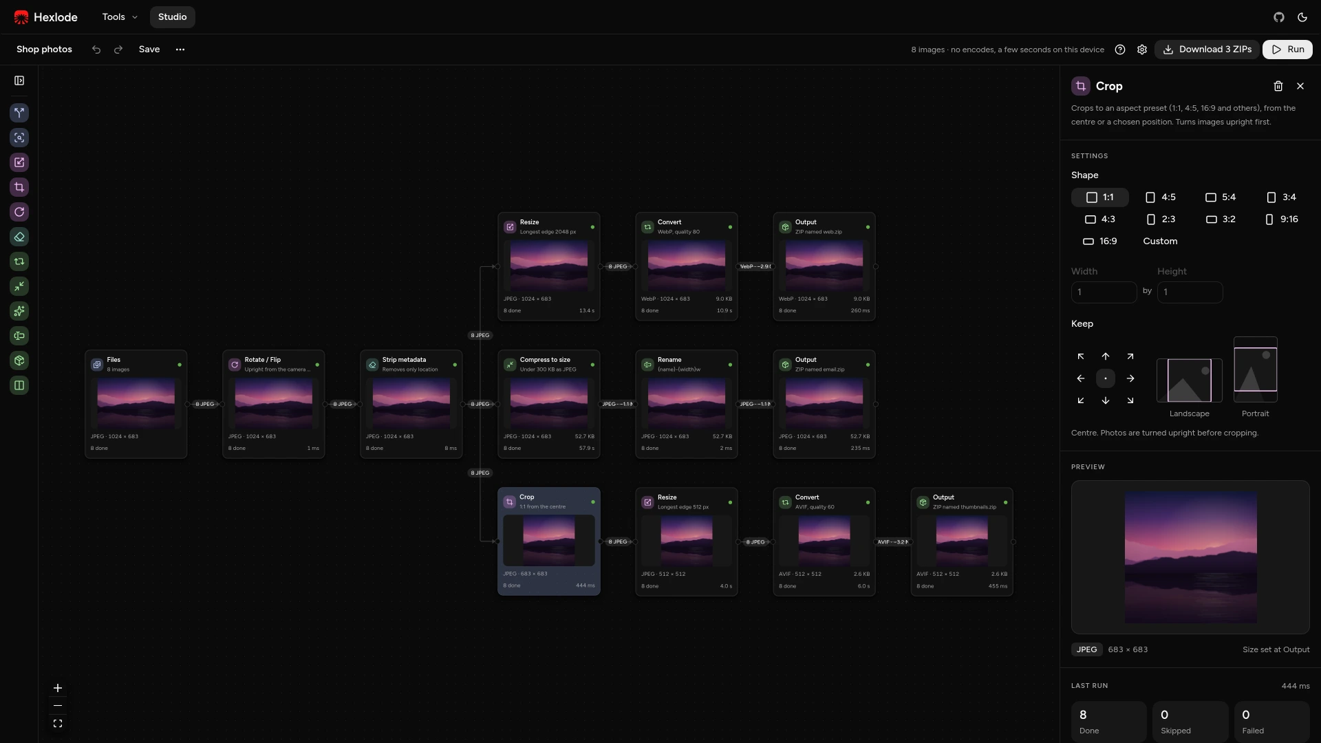 The Studio running a pipeline of thirteen steps on eight photos: rotate, remove location, then three branches that resize and save WebP, crop square AVIF thumbnails, and compress JPEGs for email.